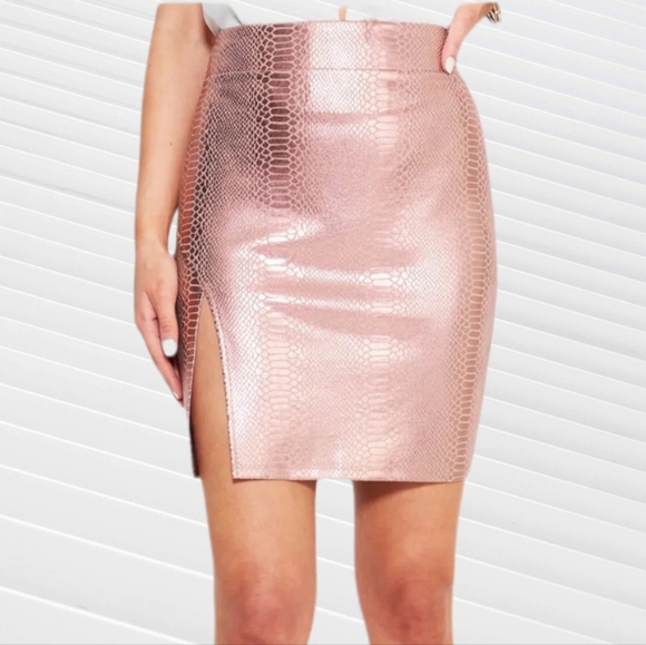 Bebe Snake Print Metallic Pink Mini Skirt w/Slit Large - Picture 8 of 8